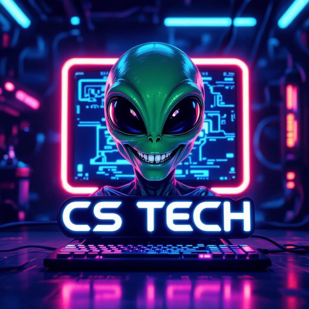 CS TECH Logo: Grinning Alien Before Neon PC