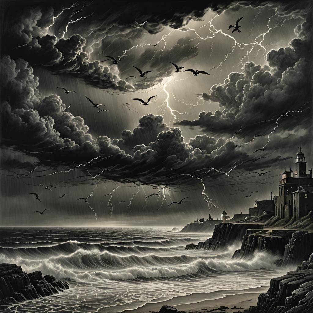 Stormy Coastal Path at Night in Dark Surrealist Style