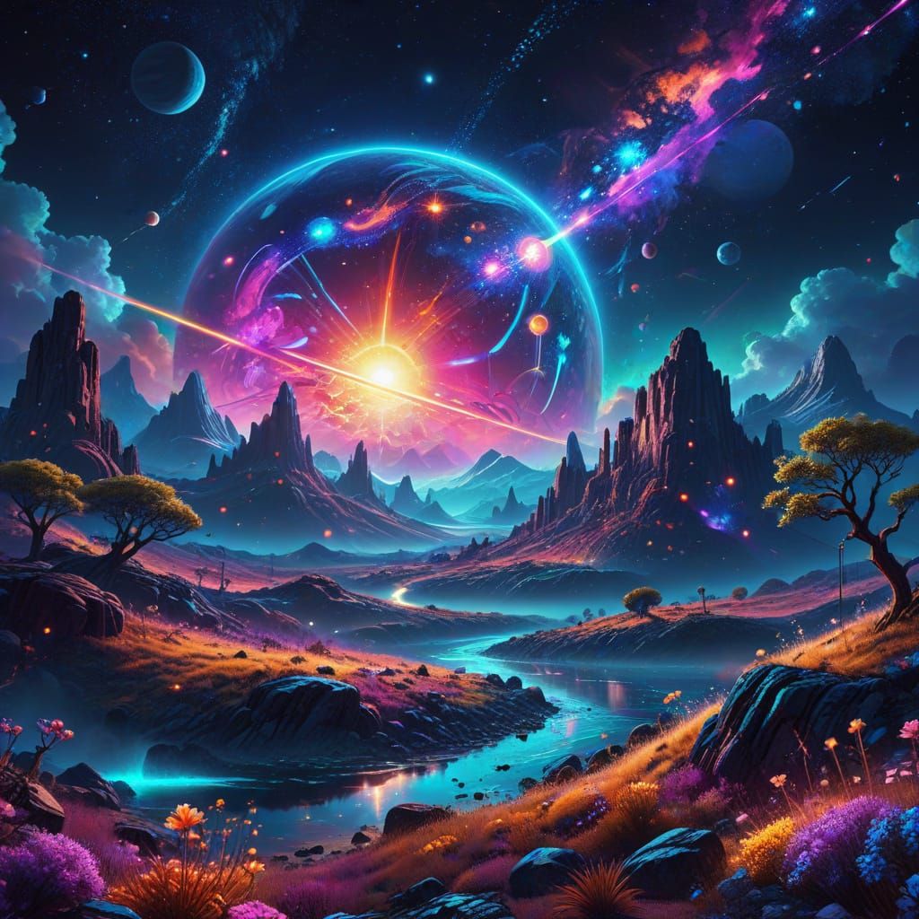 Ethereal Cosmic Dreamscape in Vibrant Holographic Style