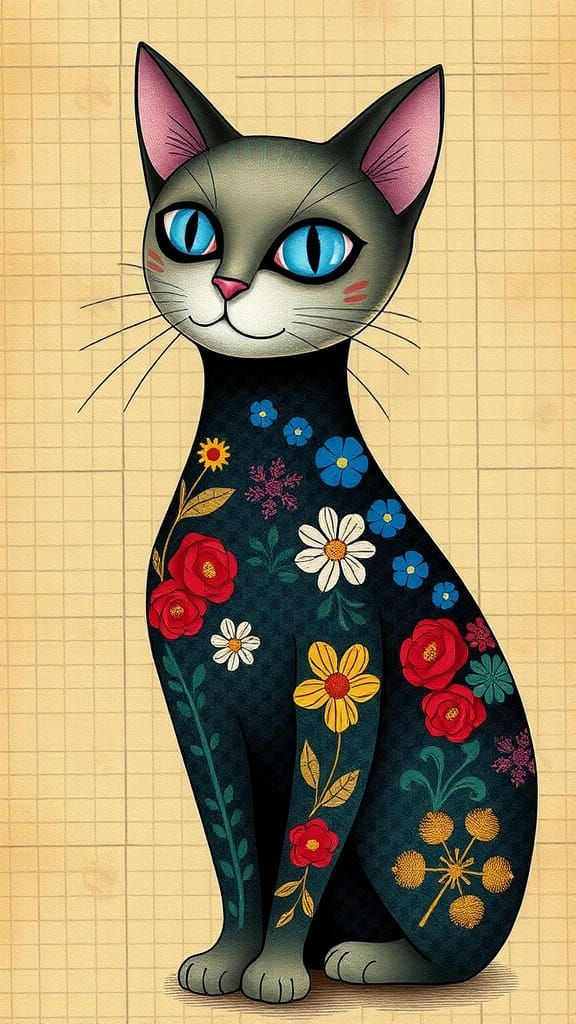 Blue-Eyed Abstract Cat with Floral Patterns