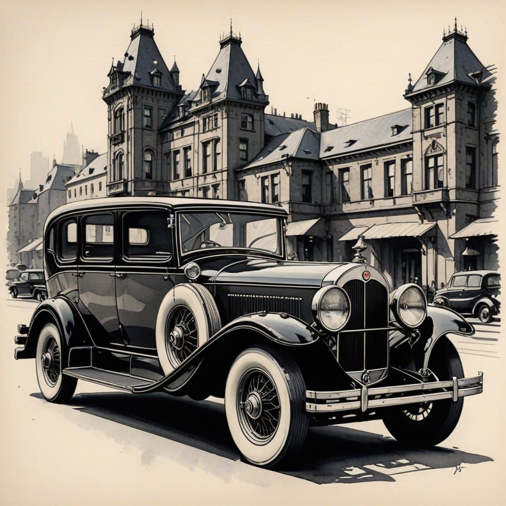 Detailed ink drawing of a sleek 1920's Art Deco style diesel...