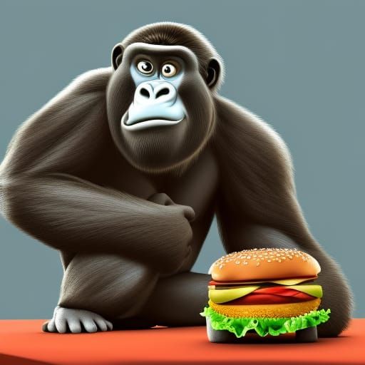 Gorilla Enjoys a Hamburger: 3D Digital Art