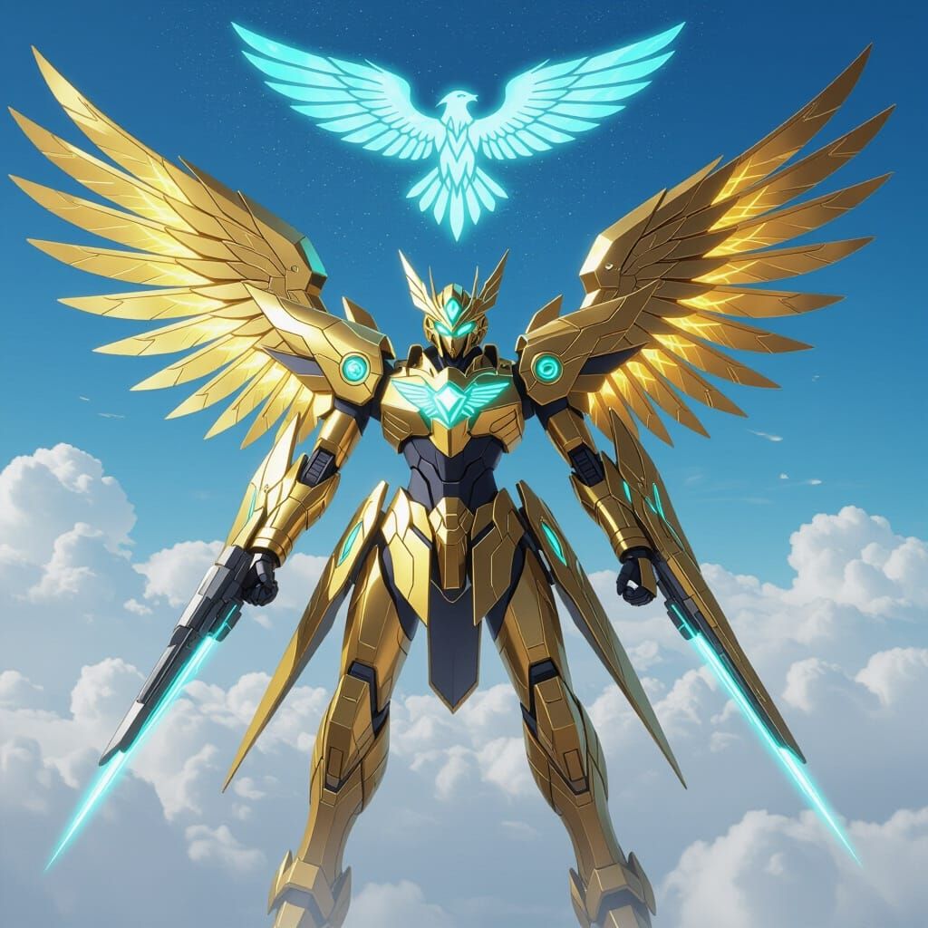 Golden Mecha Eagle Soaring Above Clouds
