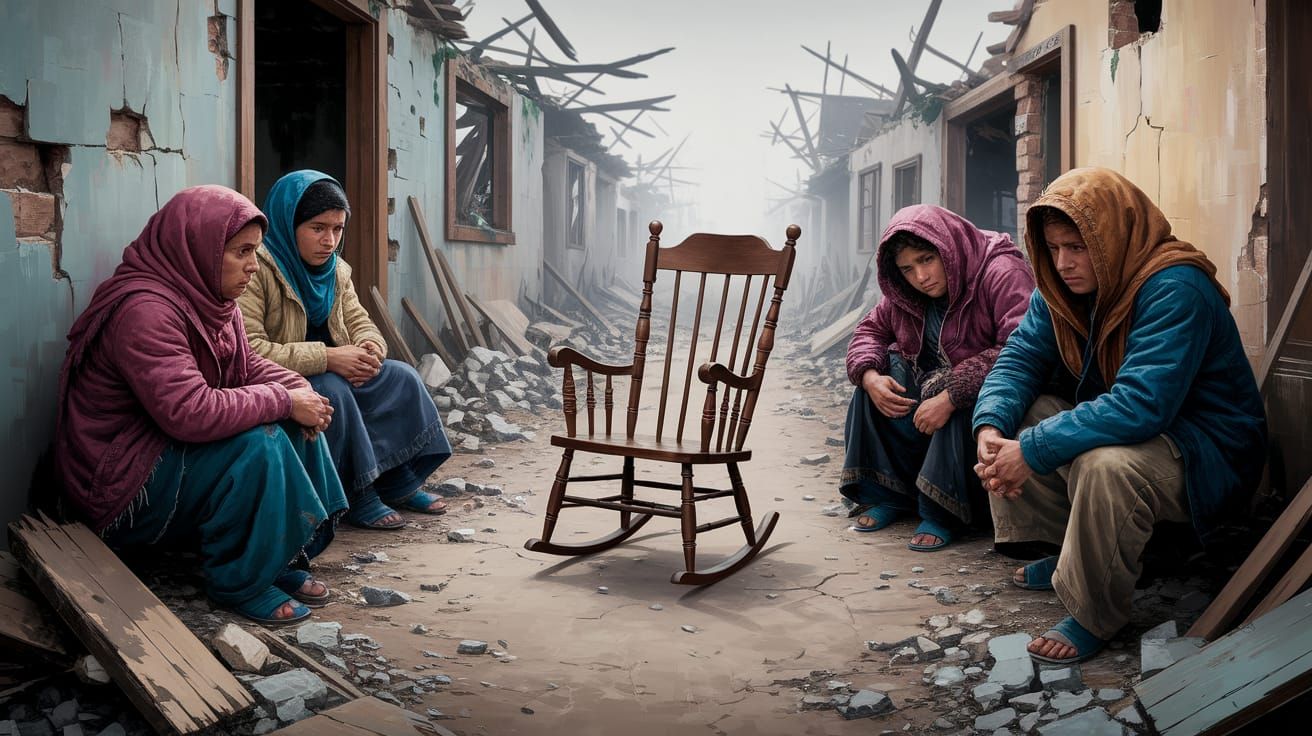 Mourning Family in Ruined Home with Rocking Chair