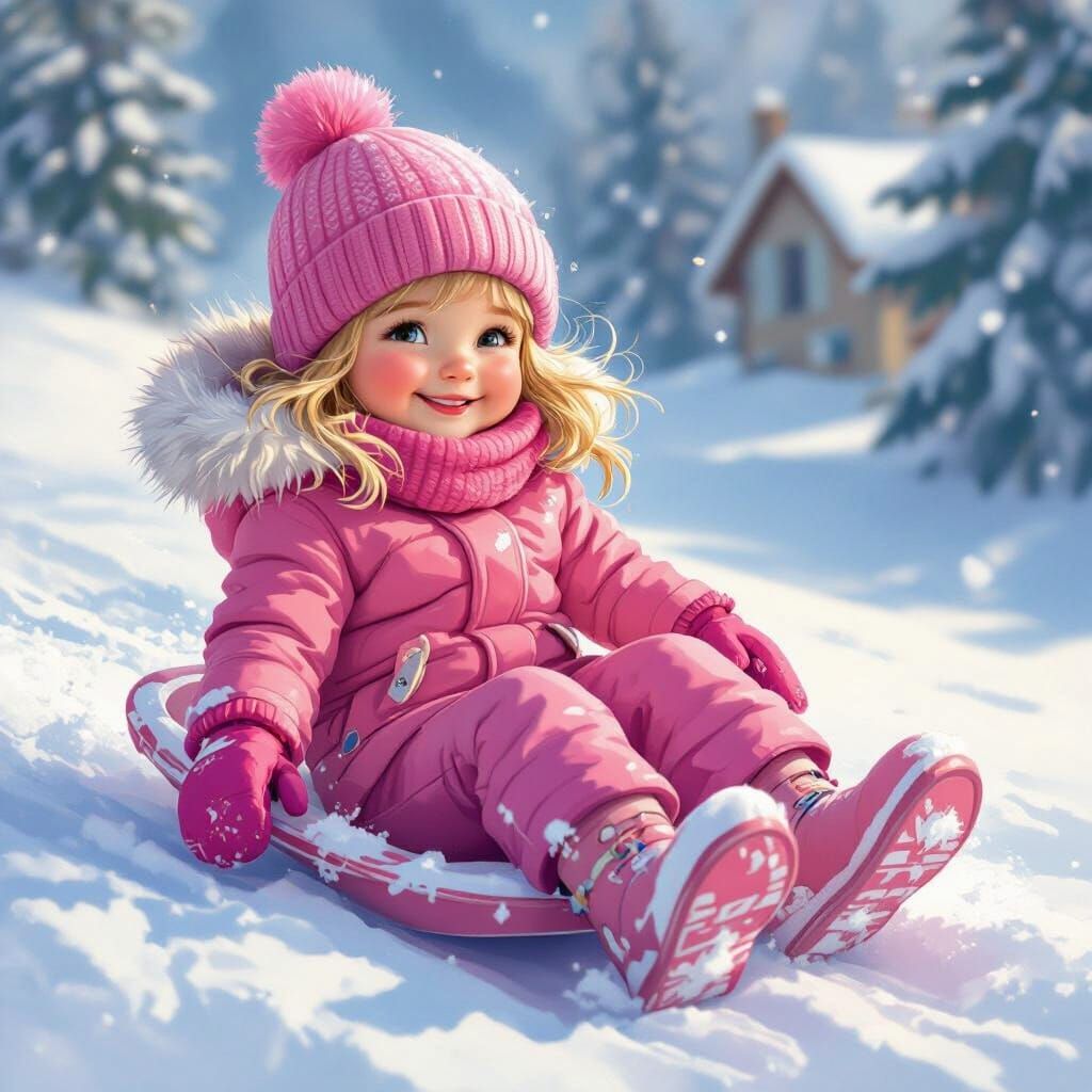 Girl Joyfully Sledding Down Snowy Hill in Pink Snowsuit