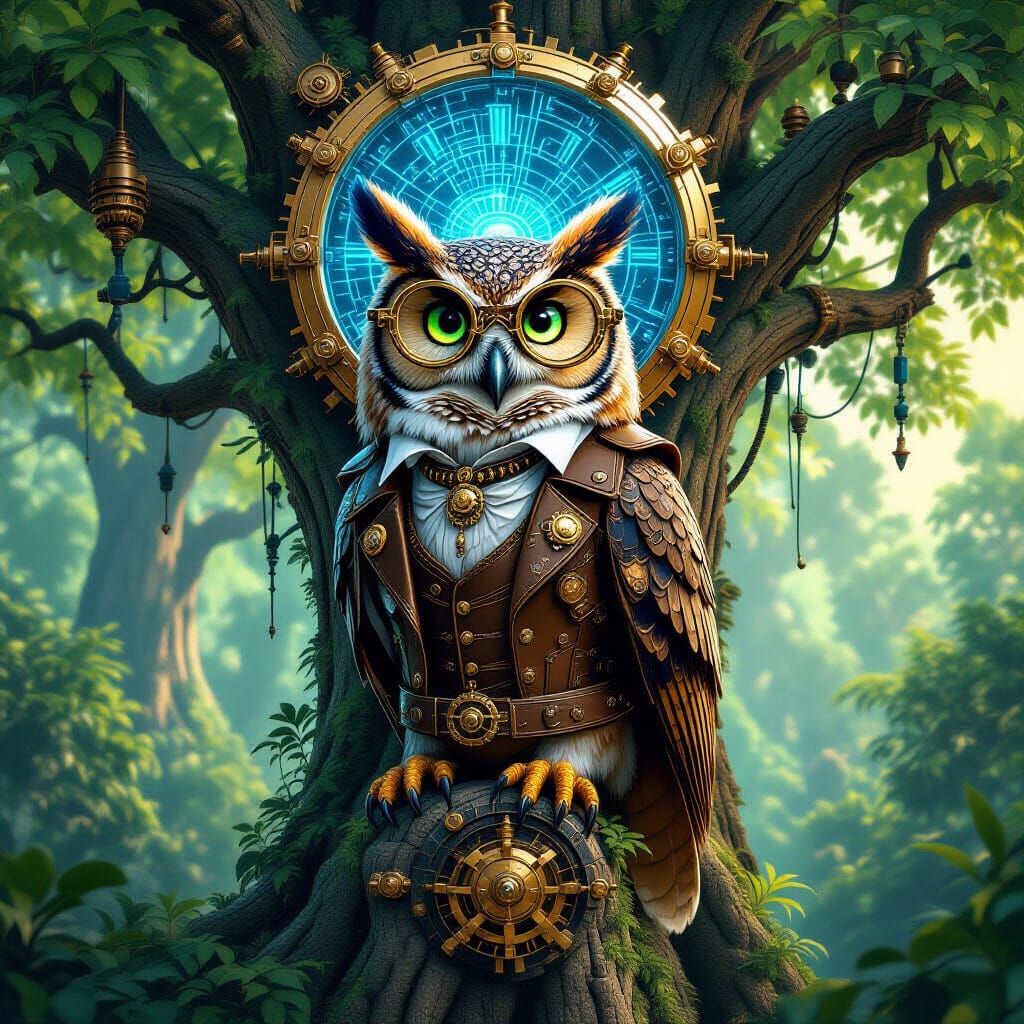Steampunk Owl in Solarpunk Forest: Matte Painting