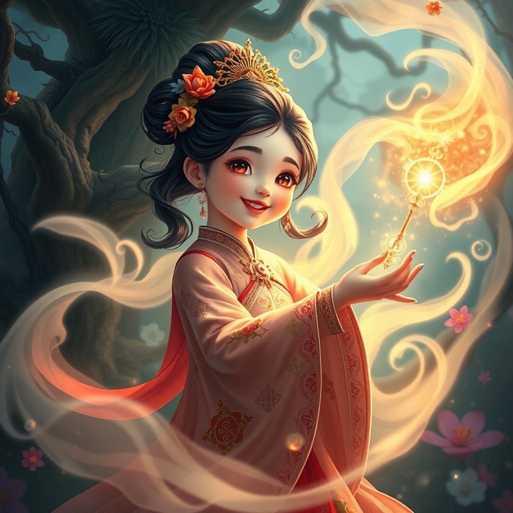 Mystical Oriental Girl Conjuring Magic in Lush Forest