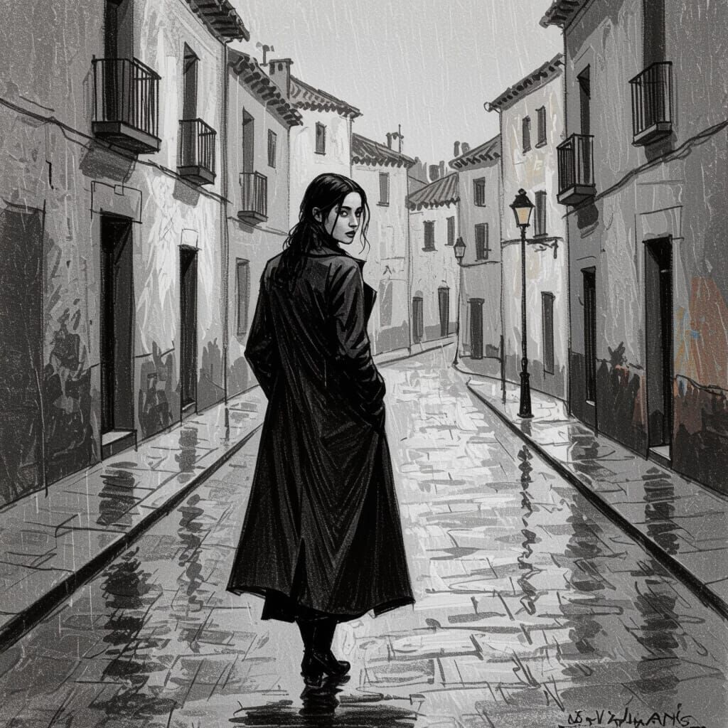 Melancholic Woman on Rainy Street as Charcoal Sketch