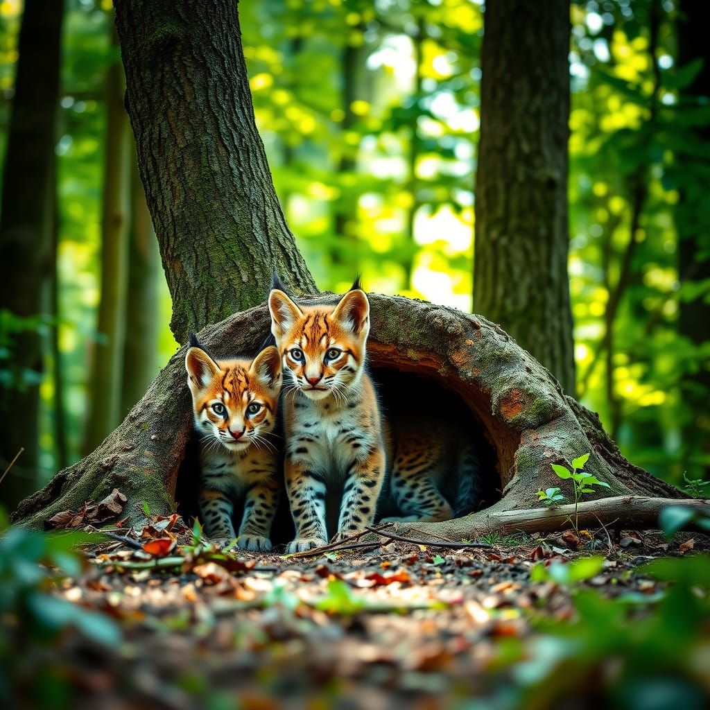 Lynx Pups in Lush Forest Habitat