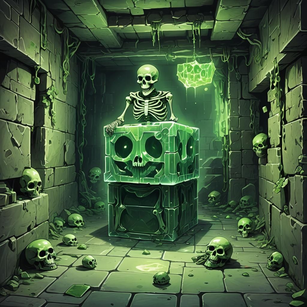 Skeleton DJ spinning dungeon tunes....