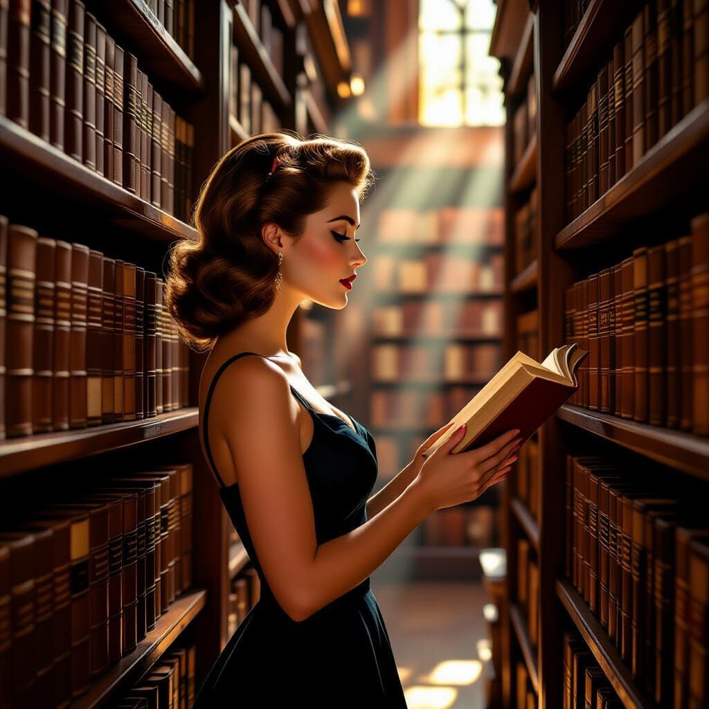 Pin-up Woman Selects Book in Grand Old Library