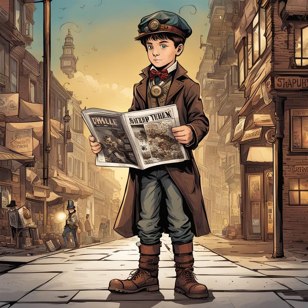 Steampunk Boy with Magazine on Sidewalk