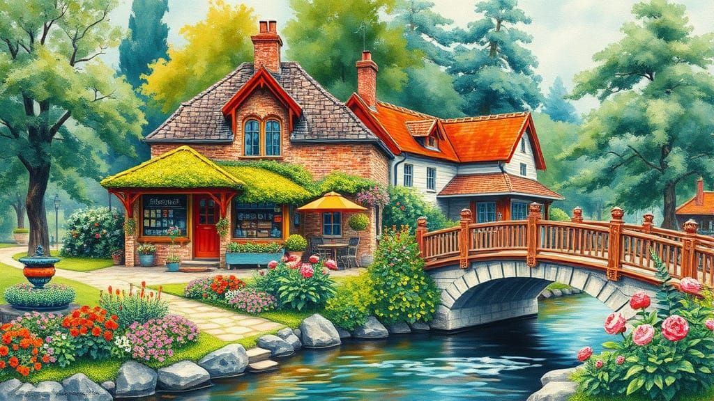 Whimsical Guesthouse Oasis in Vibrant Watercolor