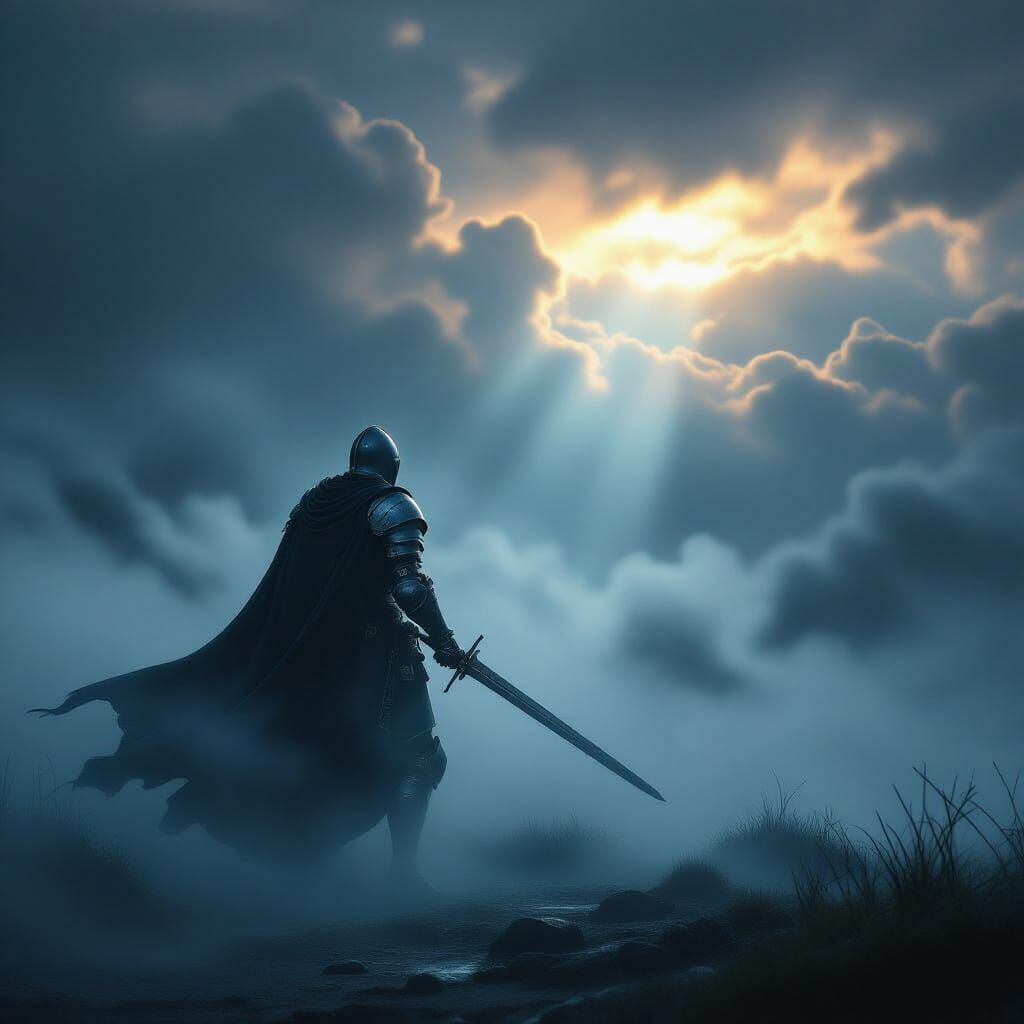 Medieval Knight in Fog with Blue Light