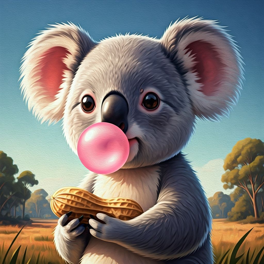 Chibi Koala Blowing Gum in Outback Landscape