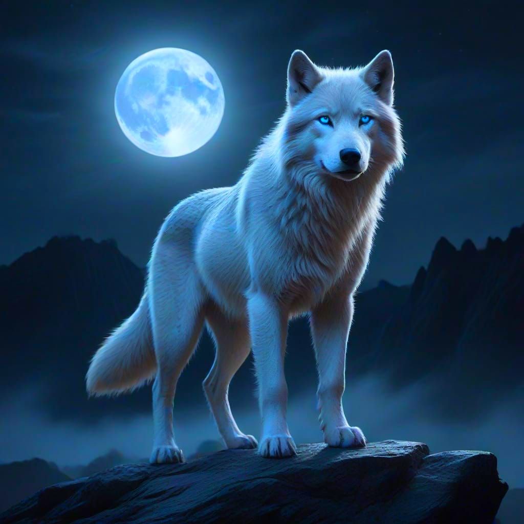 Massive Direwolf with Glowing Blue Eyes Under Full Moon