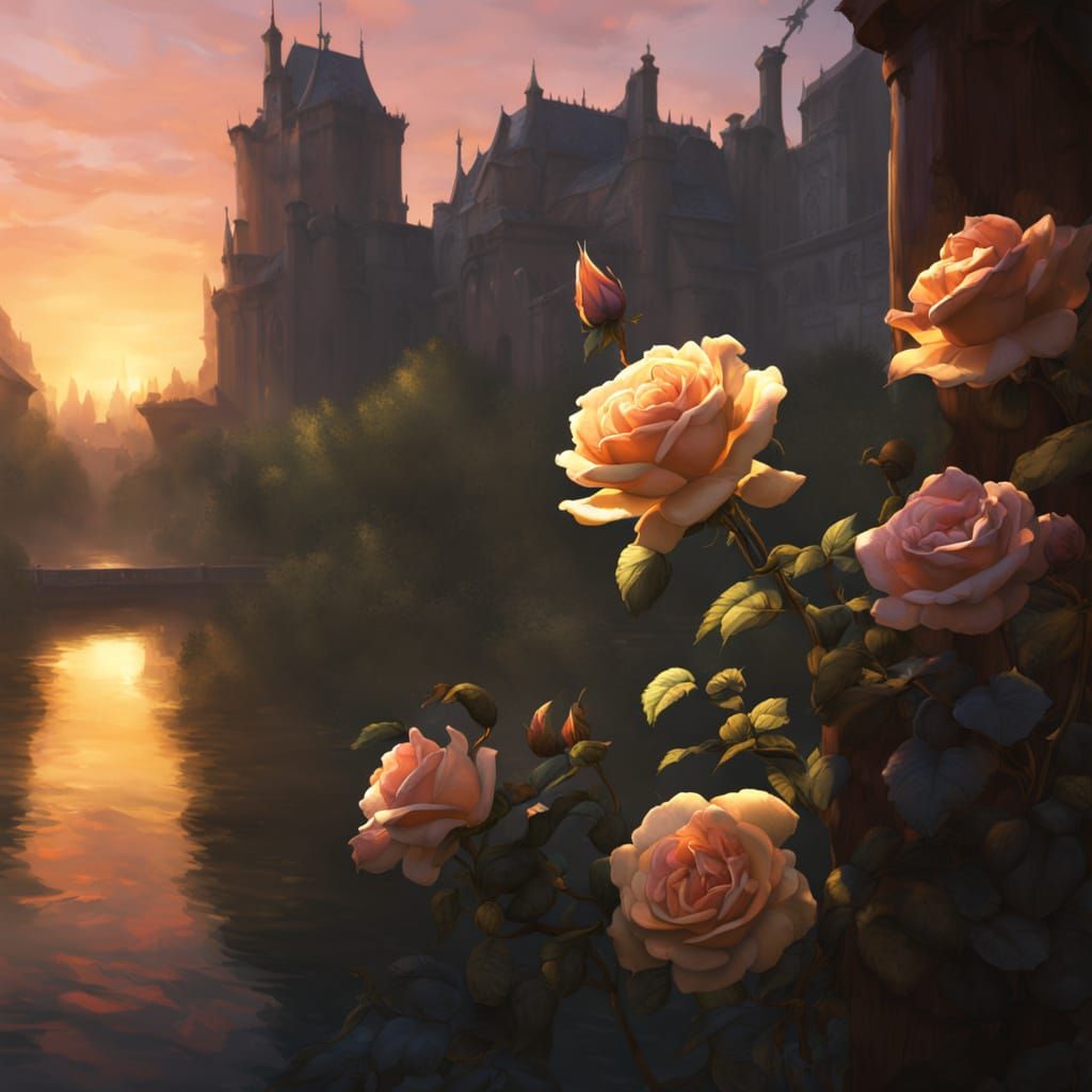 Enchanted Rose Garden at Sunset in Fantasy Art Style