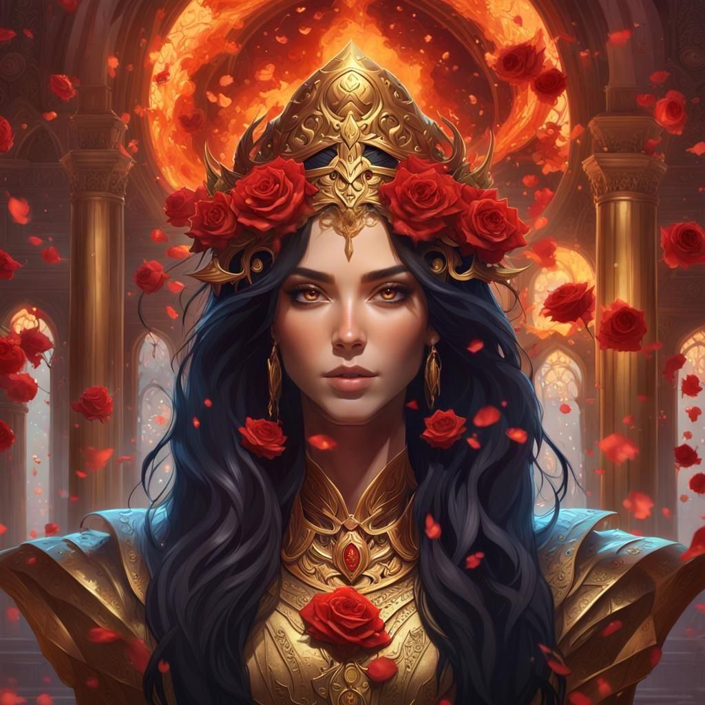 Goddess Portrait with Roses and Fire, Dark Fantasy Art