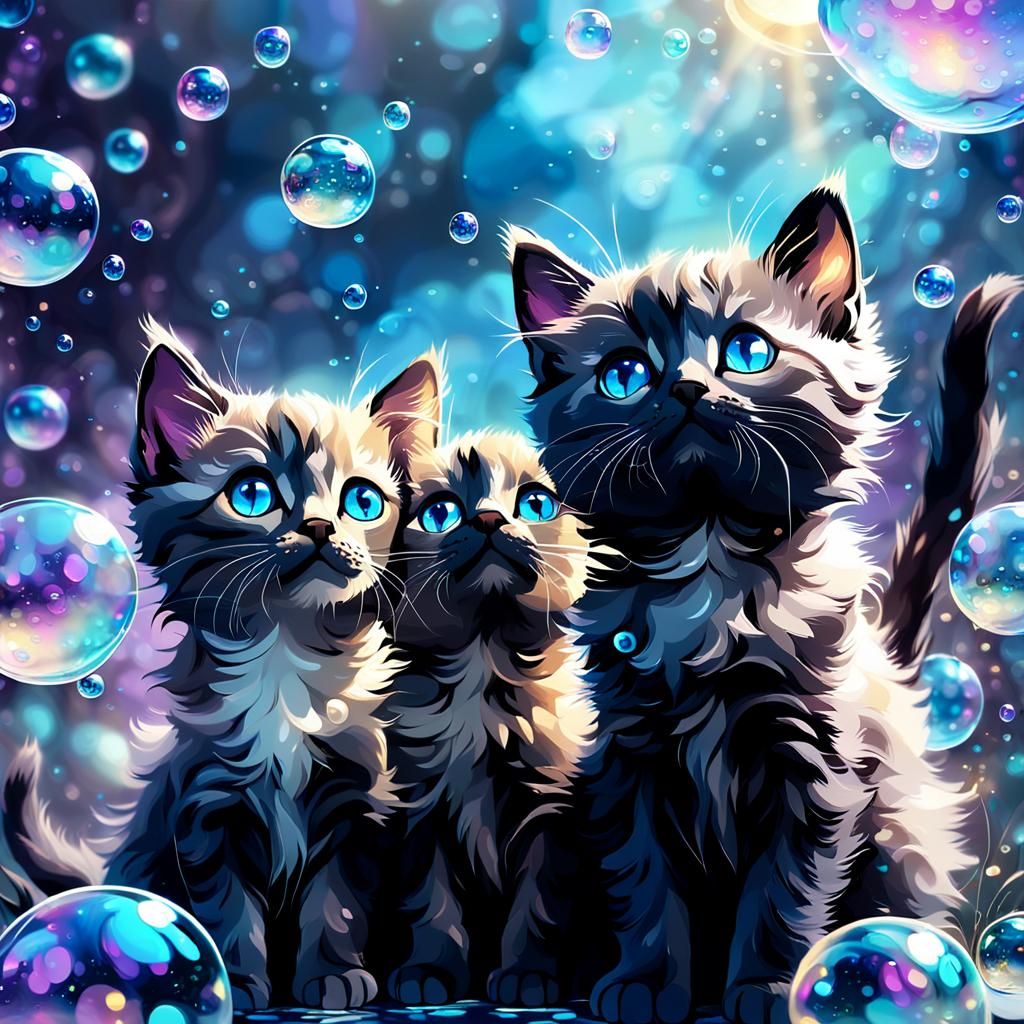 Kittens Floating in Bubbles: Whimsical Concept Art