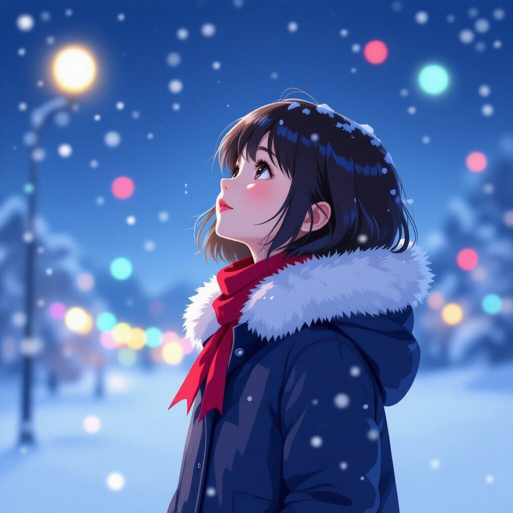 Anime Girl in Snowy Winter Night: Digital Art