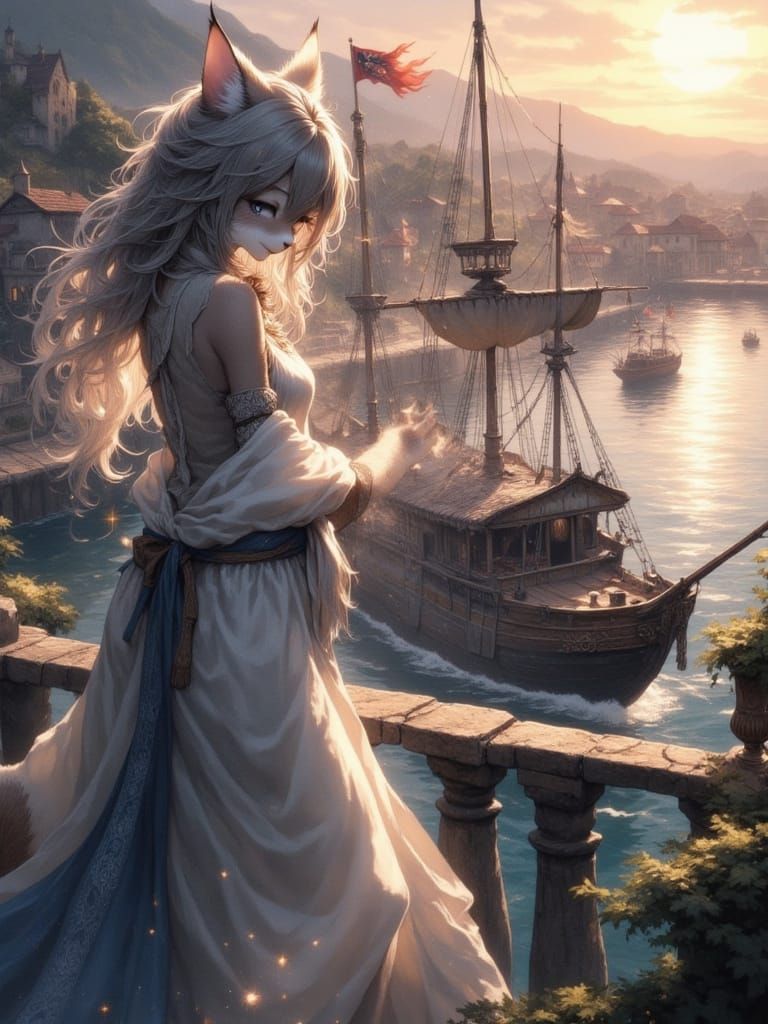 Anime Catgirl Overlooking Harbour in Watercolour Style