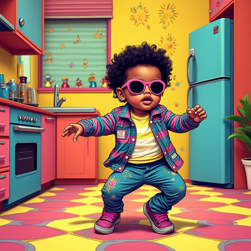 Baby Dancing to Disco Music in Pop Surrealist Style