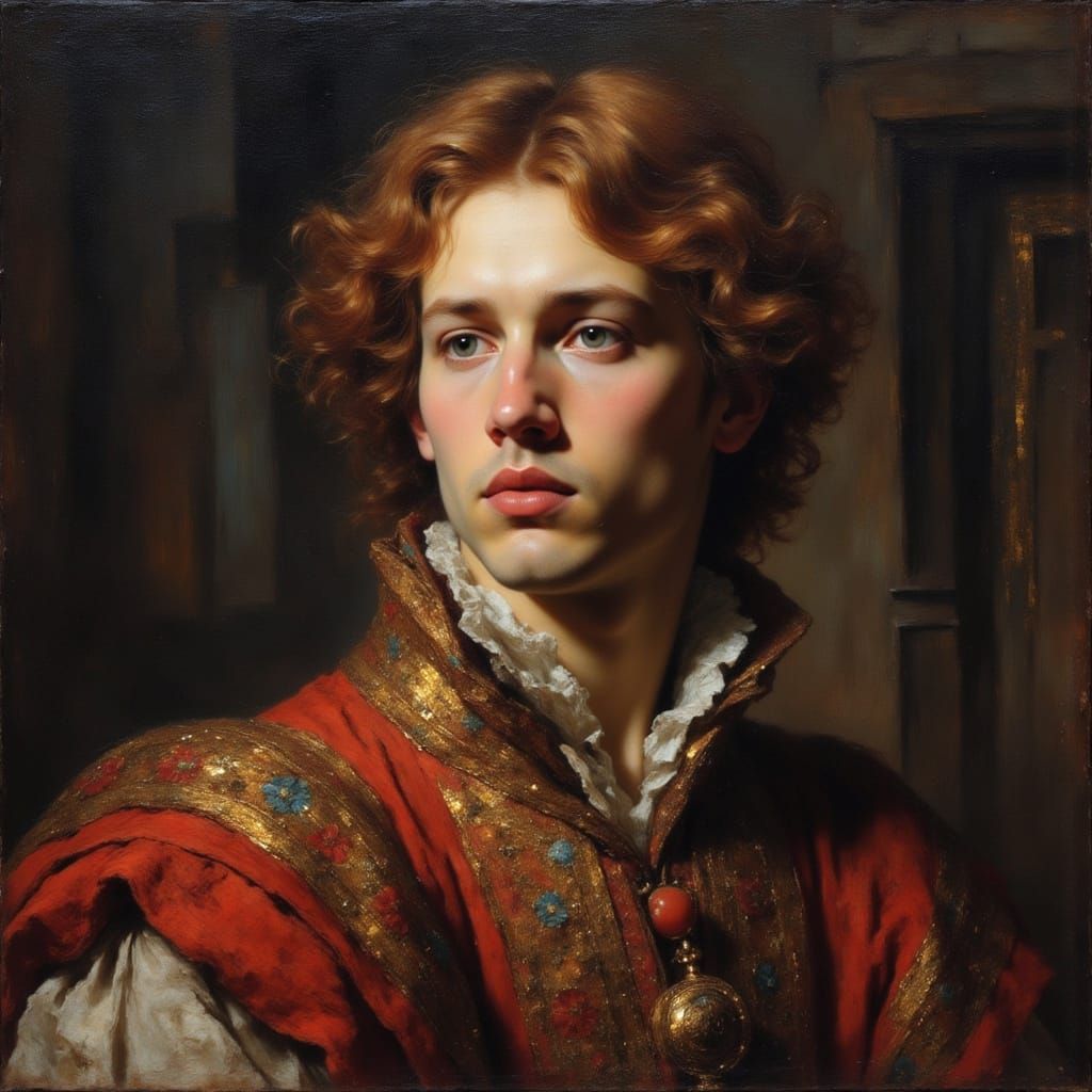 Handsome Man in Crimson and Gold: Classical Portrait