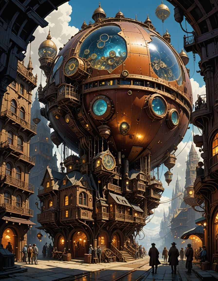 Steampunk Geode City with Dirigibles and Clockwork