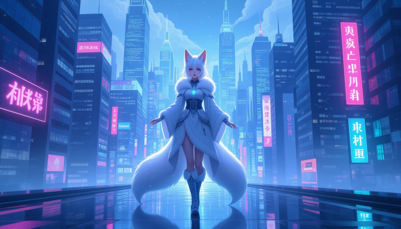 Ice Queen Fox Transformation in Neon Cityscape