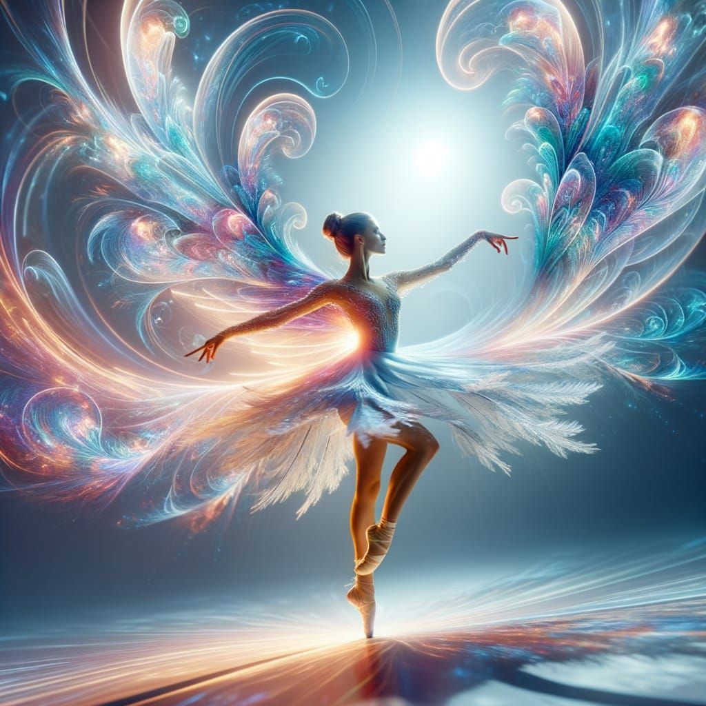 Ethereal Woman with Morphing Wings Spins in Radiant Light