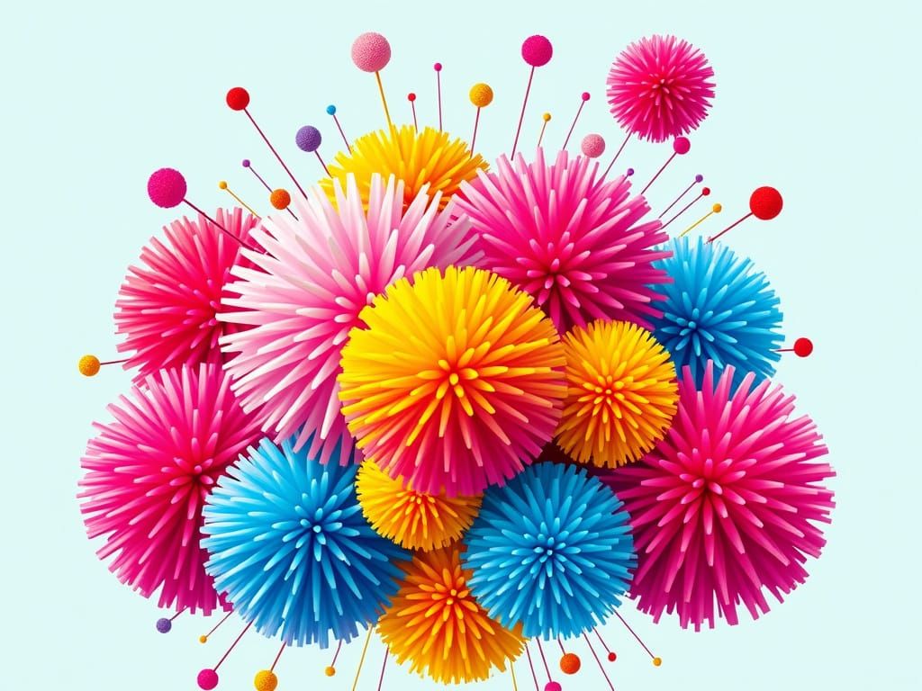 Exploding Pom-Poms in Playful Digital Art Style