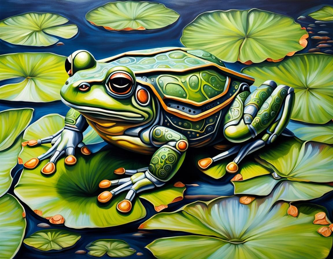 Une grenouille géante cyborg des parties en métal sur un nénuphar géant sur un étang, peinture acrylique 3D Eldritch hyp...
