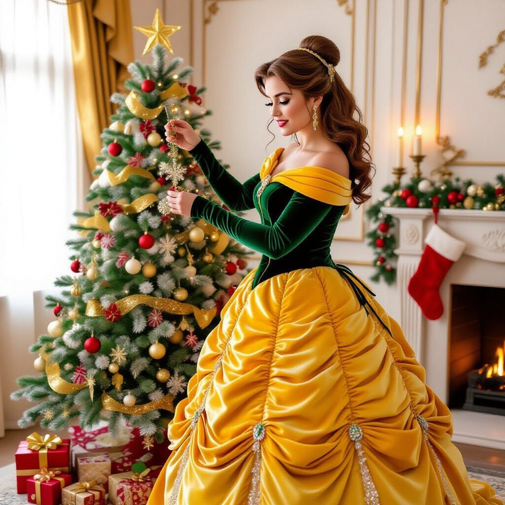 Belle Decorates a Christmas Tree in Velvet Dress