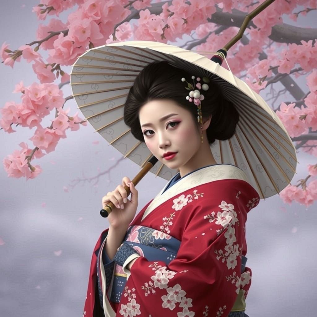 Geisha in Red Kimono: Photorealistic Oil Painting