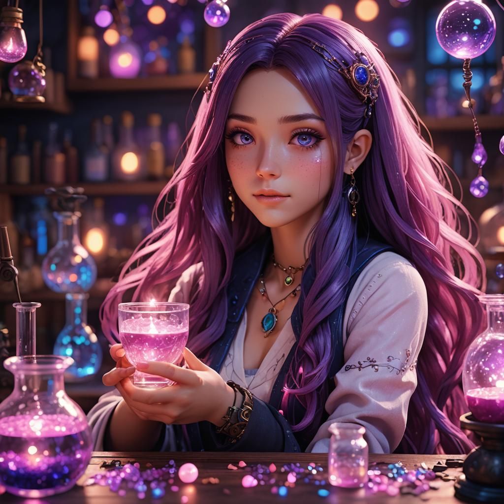Latina Potioneer in Anime Style With Purple Hair
