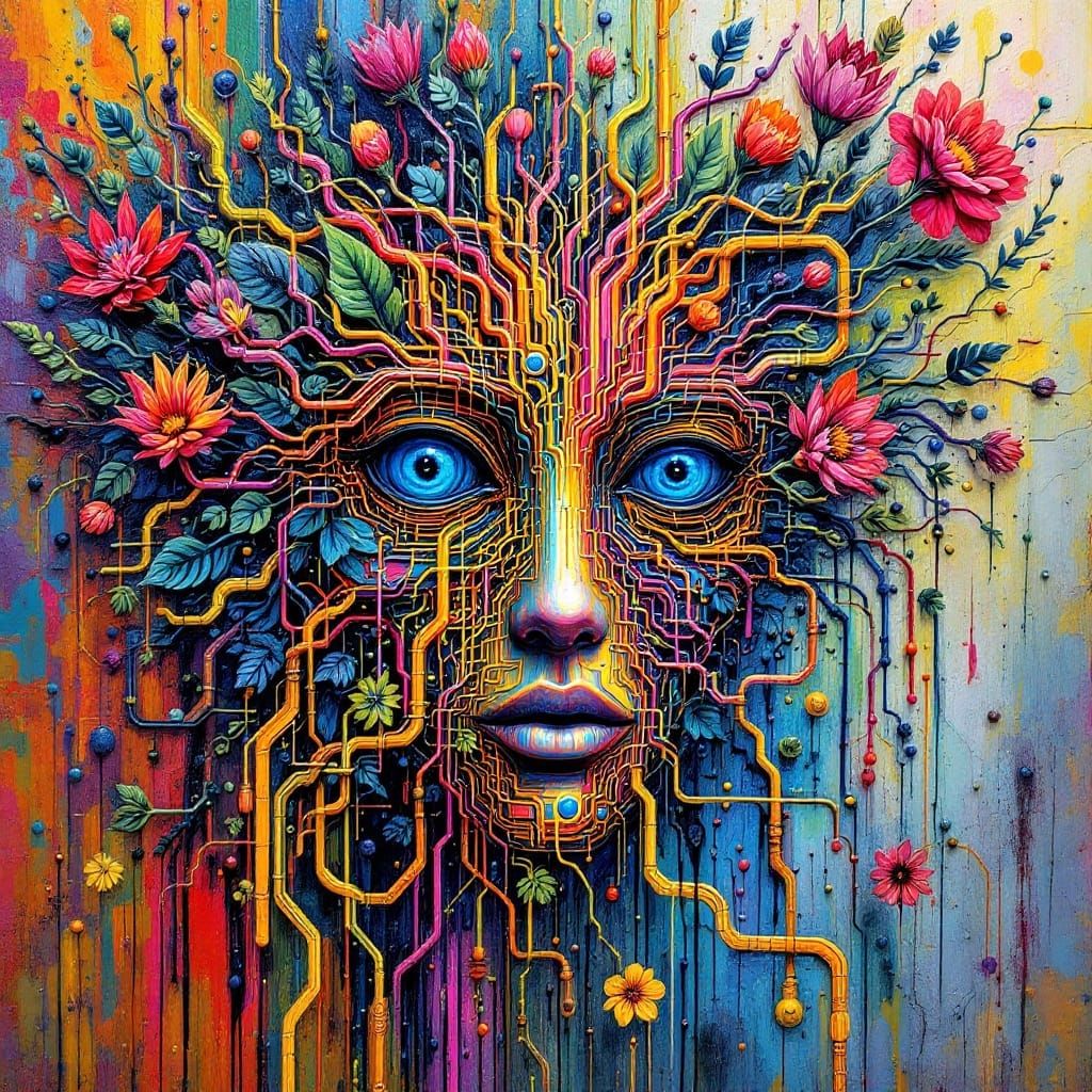 Neon Botanical Circuit Board Masterpiece in Impressionistic ...