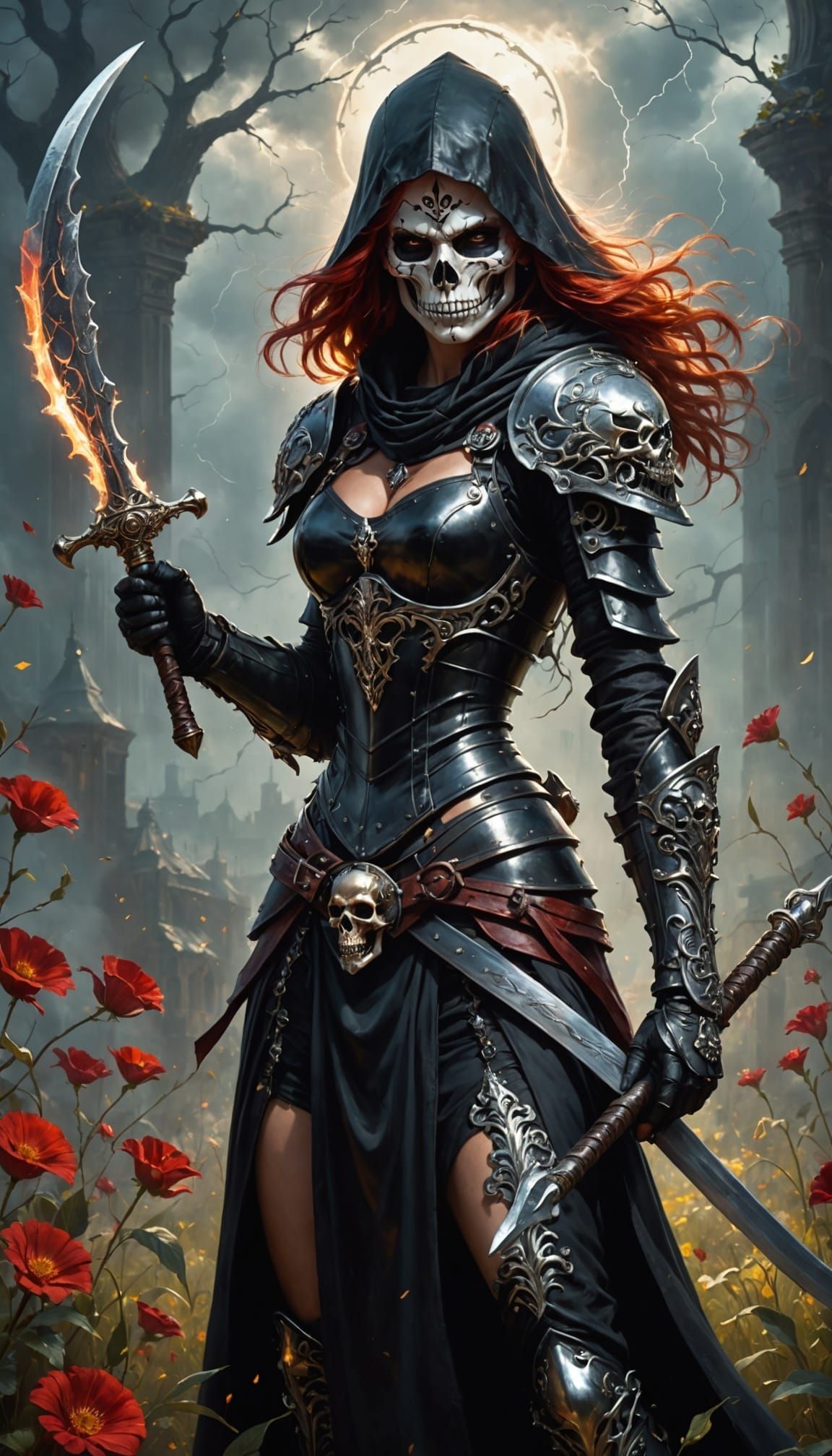 Muscular Female Thief in Skull Helmet with Scythe