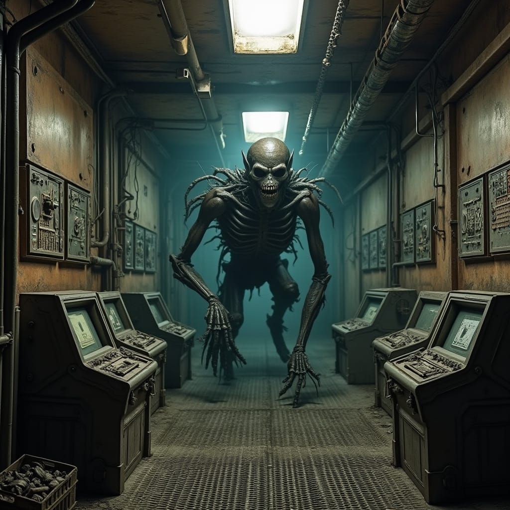 Industrial Tunnel with Wires, Pipes, and Metal Grates