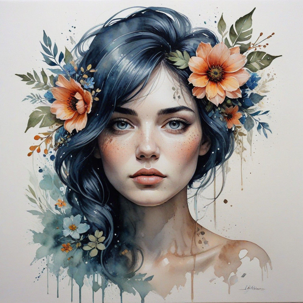 Modern Watercolor Portrait in Florals and Textures
