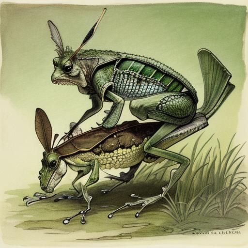 Grasshopper and Frog Leapfrog, Arthur Rackham Style