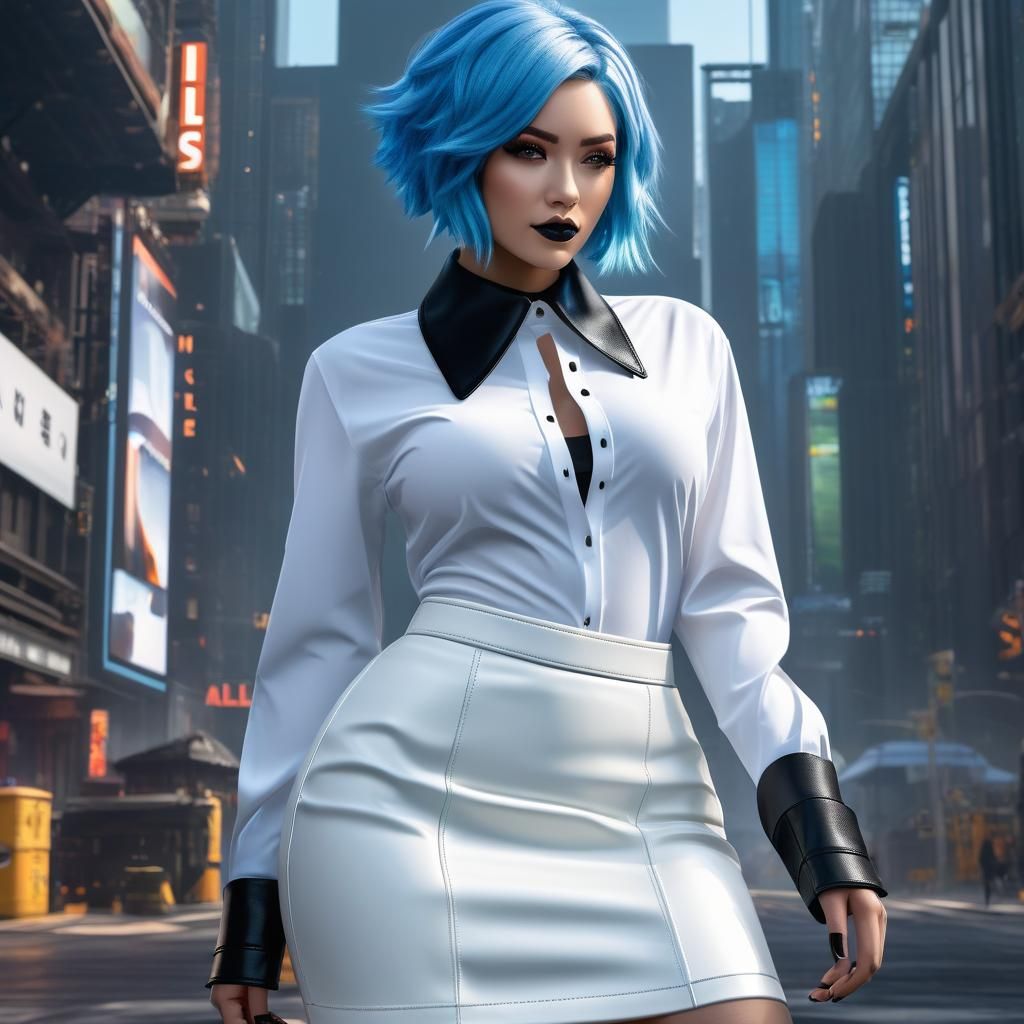 Blue-Haired Girl in Miniskirt Digital Matte Painting