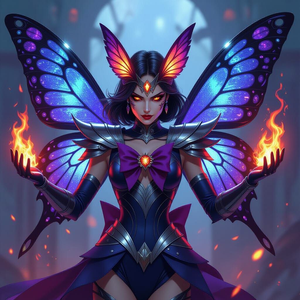 Fierce Butterfly Villain with Chrome Wings in Digital Art St...
