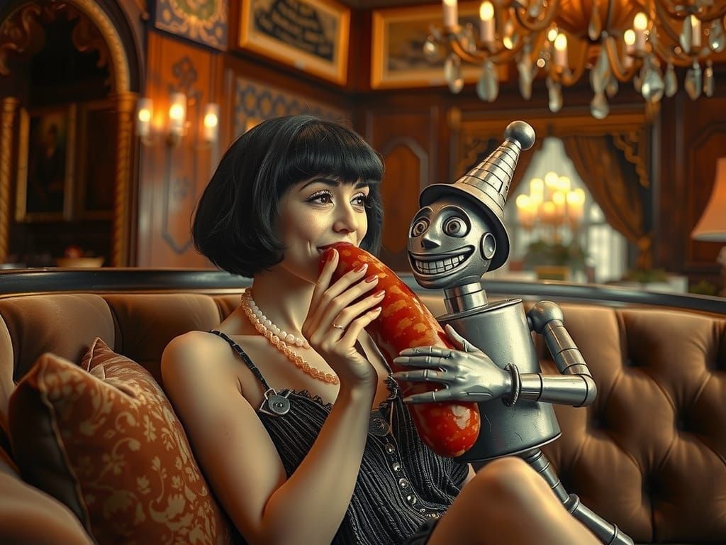 Grinning Robot Offers Sausage to 1920s Flapper