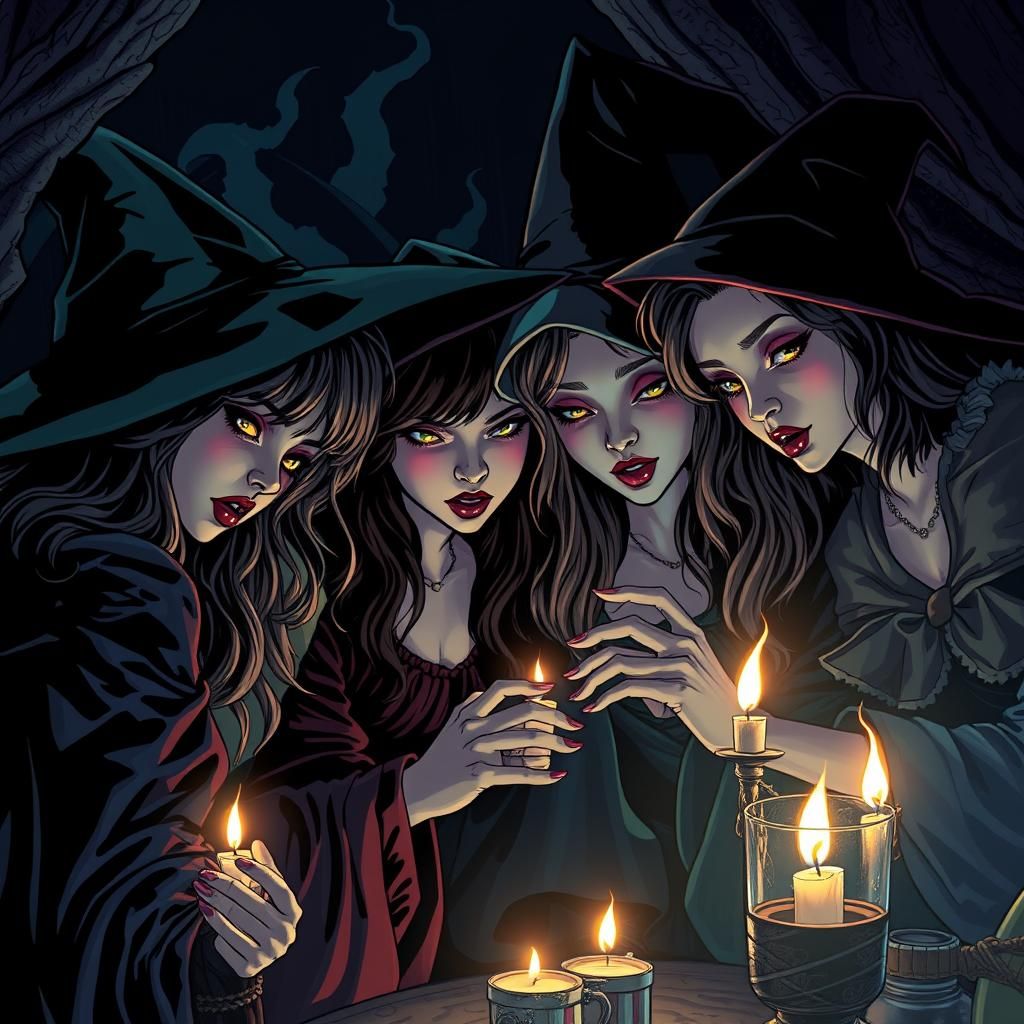 Witches Gather in Dark Comic Book Illustration