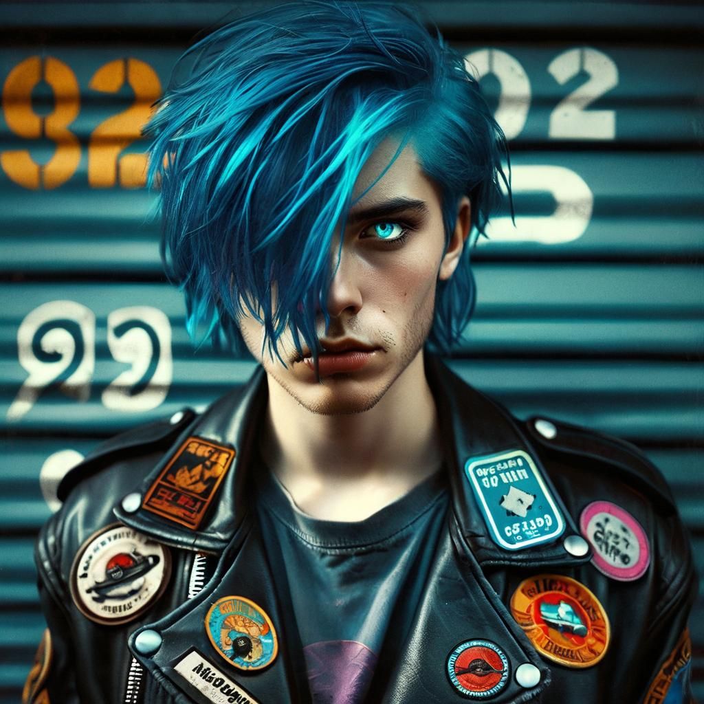 Alex with blue hair and a leather jacket, looking like a tim...
