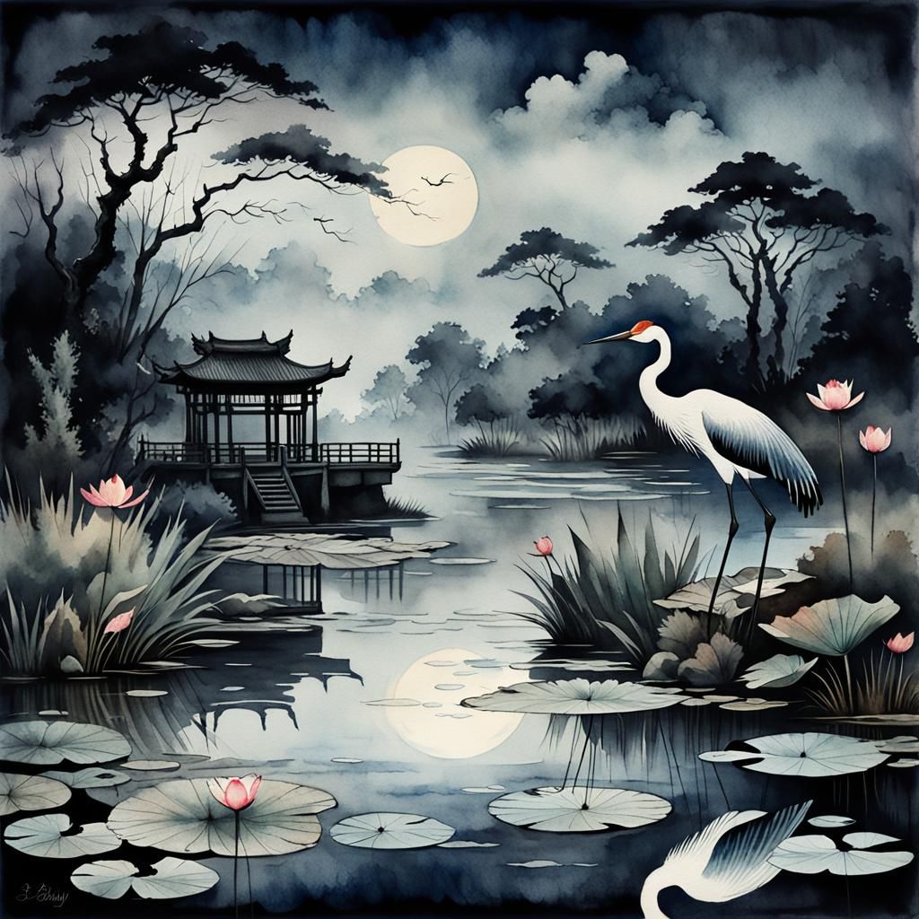 Night Lotus Pond: Antique Watercolor Landscape