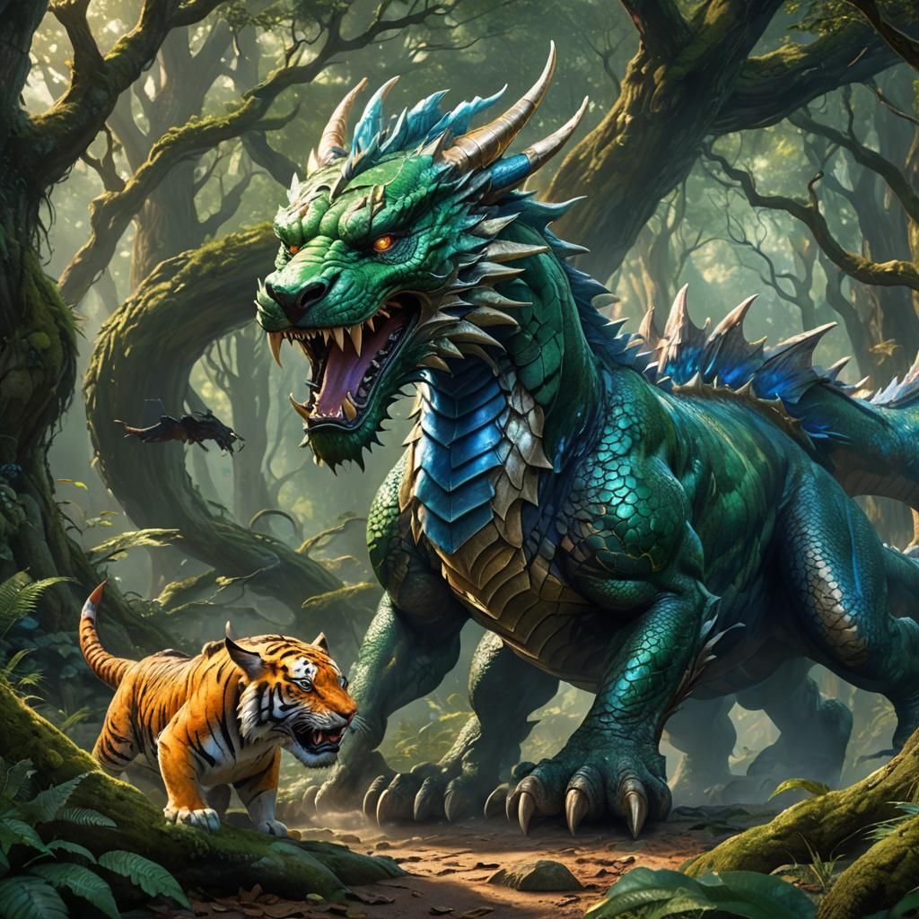 Dragon and Tiger Play in Mystical Forest, Fantasy Art