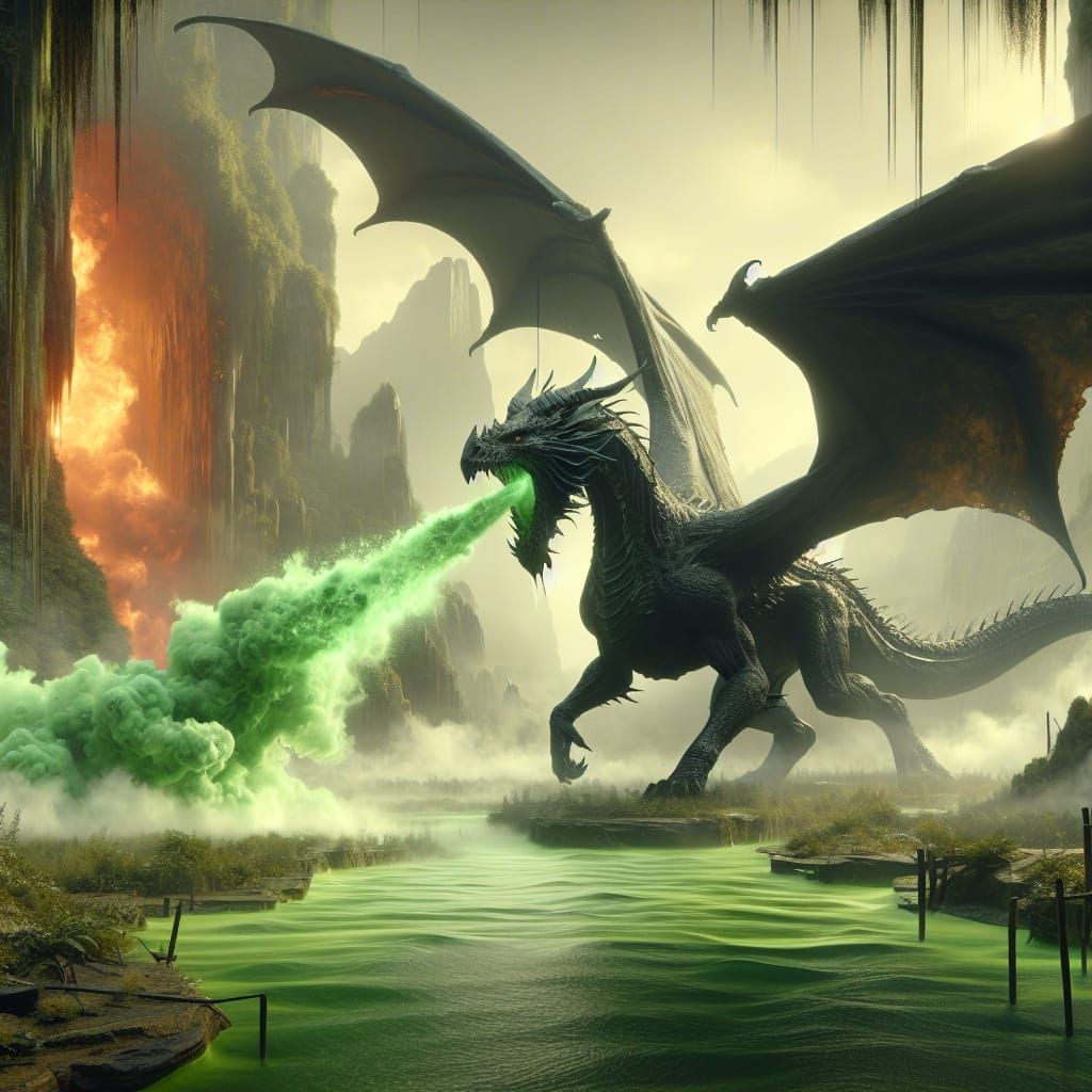 Black Dragon Blowing Green Acid in Swamp