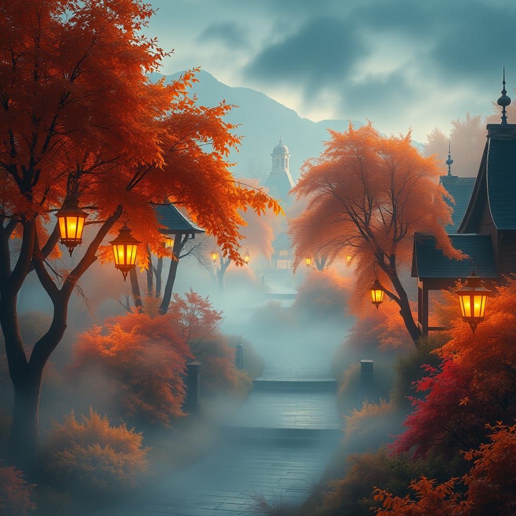 Ethereal Autumn Landscape with Glowing Lanterns and Mist