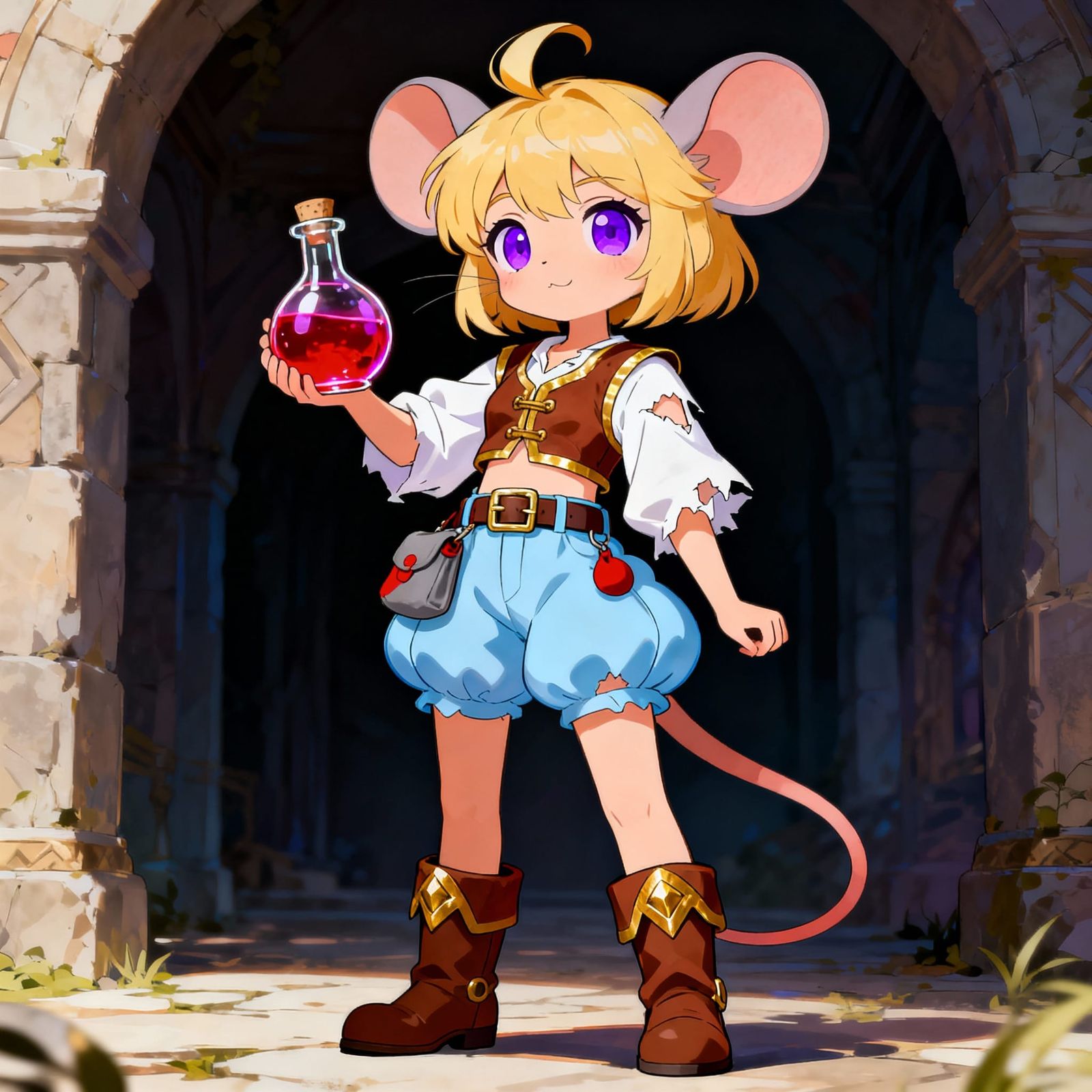 Anime Mouse Girl Character with Purple Eyes and Red Potion